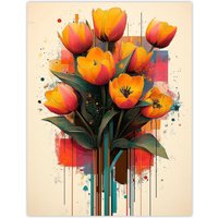 Artery8 Tulip Bouquet Modern Floral Abstract Painting Wall Art Print in Orange | Size: W24" x H32"