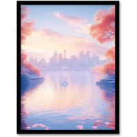 Artery8 Dreamy Autumn Sunrise Japanese Coastal Cityscape Framed Art Print in Blue | Size: A4
