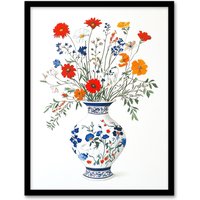 Artery8 Colourful Wildflower Bouquet Floral Pattern Vase Framed Art Print in Blue | Size: A4