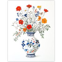 Artery8 Colourful Wildflower Bouquet Floral Pattern Vase Wall Art Print in Blue | Size: W12" x H16"