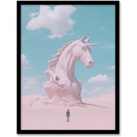 Artery8 Desert Unicorn Sand Sculpture Pastel Landscape Framed Art Print in Blue | Size: A4
