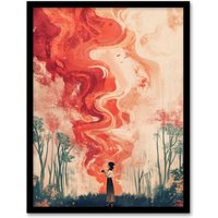 Artery8 Crimson Offering Smoke Signals Surreal Painting Framed Art Print in Red | Size: A4