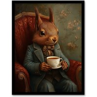 Artery8 Red Squirrel Tea on Armchair Victorian Portrait Framed Art Print in Brown | Size: A4