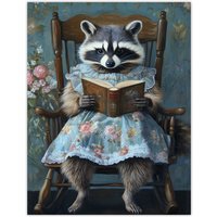 Artery8 Raccoon Mama in Floral Dress Reading Bedtime Story Wall Art Print in Blue | Size: W24" x H32"