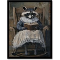 Artery8 Raccoon Reading Bedtime Story on Rocking Chair Framed Art Print in Brown | Size: A4