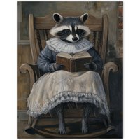 Artery8 Raccoon Reading Bedtime Story on Rocking Chair Wall Art Print in Brown | Size: W18" x H24"