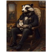 Artery8 Victorian Badger with Kitten on Rocking Chair Wall Art Print in Brown | Size: W12" x H16"
