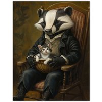 Artery8 Victorian Animals Fantasy Badger with a Kitten Wall Art Print in Brown | Size: W24" x H32"