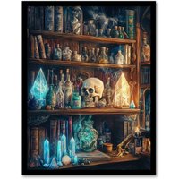 Artery8 Alchemist Bookshelf Skull Magic Crystals Potions Framed Art Print | Size: A4