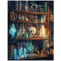 Artery8 Alchemist Bookshelf Skull Magic Crystals Potions Wall Art Print | Size: W12" x H16"