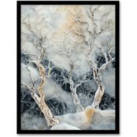 Artery8 Marble Winter Forest Snow Trees Art Framed Art Print in White | Size: A4