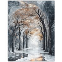 Artery8 Marble Forest Fantasy Autumn Tree Dreamy Tunnel Wall Art Print in Grey | Size: W12" x H16"