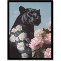 Artery8 Black Panther White Pink Roses Floral Portrait Framed Art Print | Size: A4