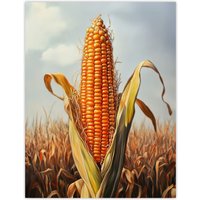Artery8 Corn With Open Husk Field in Summer Painting Wall Art Print in Orange | Size: W18" x H24"