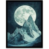 Artery8 Alpine Mountain Range Peak Full Moon Fantasy Art Framed Art Print in Blue | Size: W12" x H16"