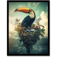 Artery8 Surreal Fantasy Toucan Bird Nature Retreat Framed Art Print in Blue | Size: A4