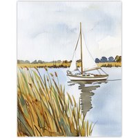 Artery8 Norfolk Broads England River Sailboat Watercolour Wall Art Print in Light Blue | Size: W24" x H32"
