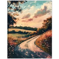 Artery8 The Road Home Kansas Countryside Autumn Painting Wall Art Print | Size: W24" x H32"
