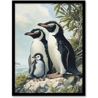 Artery8 Penguins with Baby Animal Family Portrait Framed Art Print in Green | Size: A4
