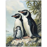 Artery8 Penguins with Baby Animal Family Portrait Wall Art Print in Green | Size: W12" x H16"