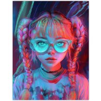 Artery8 Nerdy Braid Pigtails Glasses Neon Pink Blue Wall Art Print | Size: W24" x H32"