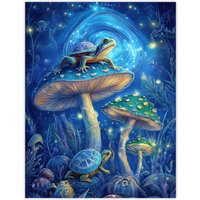 Artery8 Turtle Frogs Magic Mushrooms Psychedelic Fantasy Wall Art Print in Blue | Size: W24" x H32"