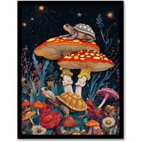 Artery8 Turtle Toads Colourful Psychedelic Magic Mushroom Framed Art Print in Red | Size: W12" x H16"