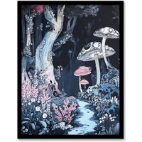 Artery8 Magical Forest Mushroom Wildflower Path Fantasy Framed Art Print in Blue | Size: W12" x H16"