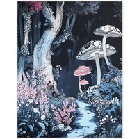 Artery8 Magical Forest Mushroom Wildflower Path Fantasy Wall Art Print in Blue | Size: W24" x H32"