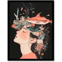 Artery8 Sea Dream Coral Reef Fish Woman Surreal Portrait Framed Art Print in Orange | Size: W12" x H16"