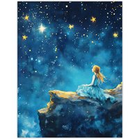 Artery8 Girl Wish Upon Star Starry Night Sky Painting Wall Art Print in Blue | Size: W24" x H32"