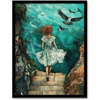 Artery8 Surreal Dream Dive Stone Steps Sea Birds Framed Art Print in Blue | Size: W12" x H16"