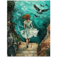 Artery8 Surreal Dream Dive Stone Steps Sea Birds Wall Art Print in Blue | Size: W12" x H16"