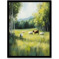 Artery8 Sheep Cows Grazing Countryside Field Painting Framed Art Print in Green | Size: W12" x H16"