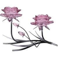 Hestia Pink Glass Rose 2 Stem Candle Holder With 2 Tone Black & Silver Base