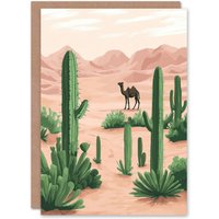 Artery8 Camel in Pastel Pink Desert Sand Dunes & Cacti Greeting Card in Beige