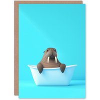Artery8 Cute Cartoon Walrus in Bathtub Bath Time Vibrant Greeting Card in Blue