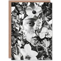 Artery8 Spring Face Flower Blooms Black White Collage Birthday Greeting Card in Grey