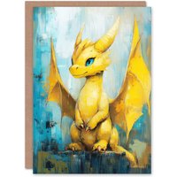 Artery8 Cute Yellow Baby Dragon Fantasy Oil Painting Birthday Greeting Card