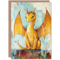 Artery8 Cute Yellow Dragon with Big Wings Oil Painting Birthday Greeting Card