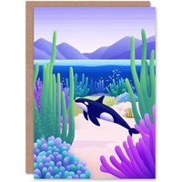 Artery8 Orca Whale Coastal Coral Reef Underwater Scene Birthday Greeting Card in Purple