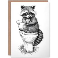 Artery8 Cute Raccoon On Toilet Funny Black White Drawing Greeting Card