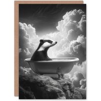 Artery8 Badger in Bathtub on a Mountain Cliff Black White Greeting Card in Grey