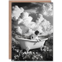 Artery8 Dog Lover Beagle in Floral Meadow Bathtub Surreal Greeting Card in Grey
