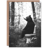 Artery8 Grizzly Bear Toilet Black White Forest Landscape Greeting Card in Grey
