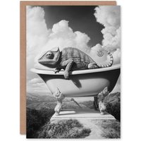 Artery8 Large Chameleon in Bathtub Black White Surreal Birthday Greeting Card in Grey