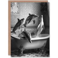 Artery8 Dolphins Playing in Bathtub Black White Surreal Birthday Greeting Card in Grey