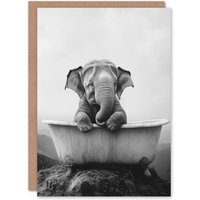 Artery8 Cute Baby Elephant In Bathtub Black White Surreal Greeting Card in Grey