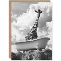 Artery8 Giraffe in Bathtub on a Hill Black White Surreal Greeting Card in Grey