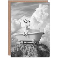 Artery8 Goat in a Bathtub on a Hill Black White Surreal Birthday Greeting Card in Grey